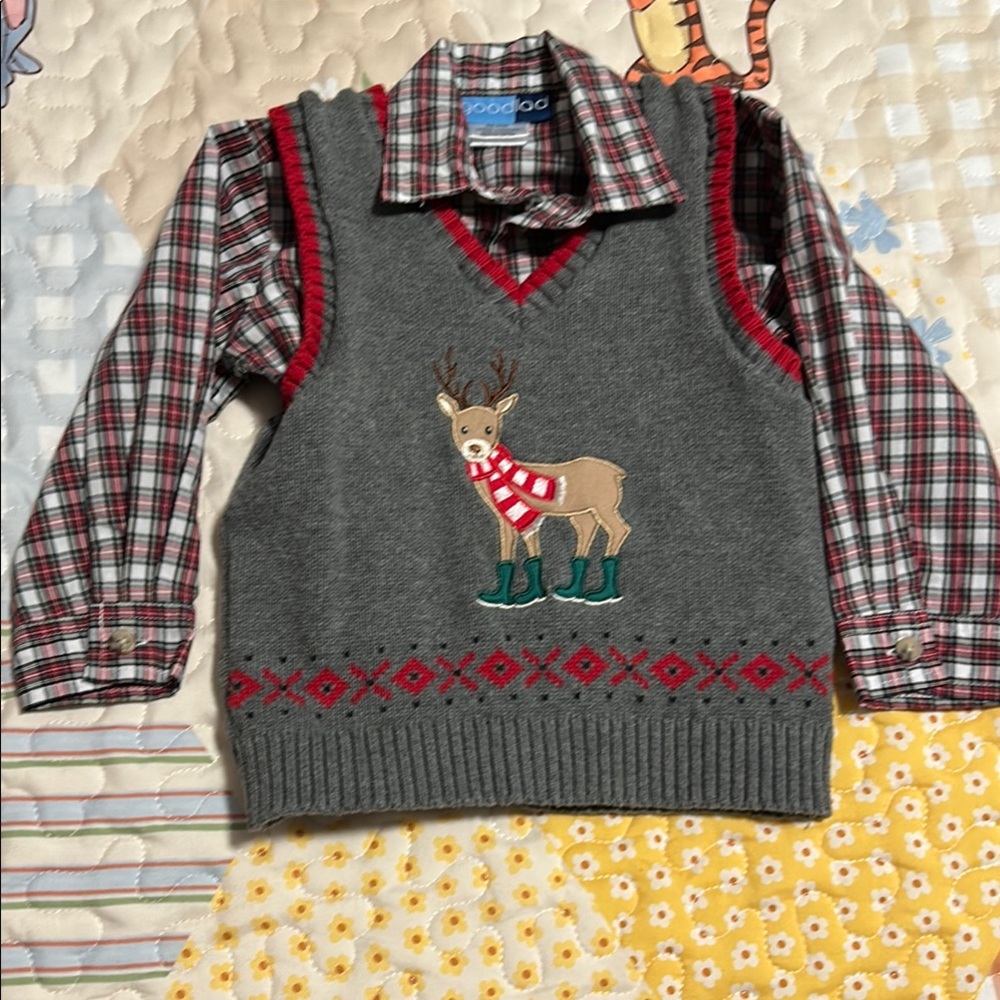 Gray and Red Kids Sweater Vest with Reindeer Design